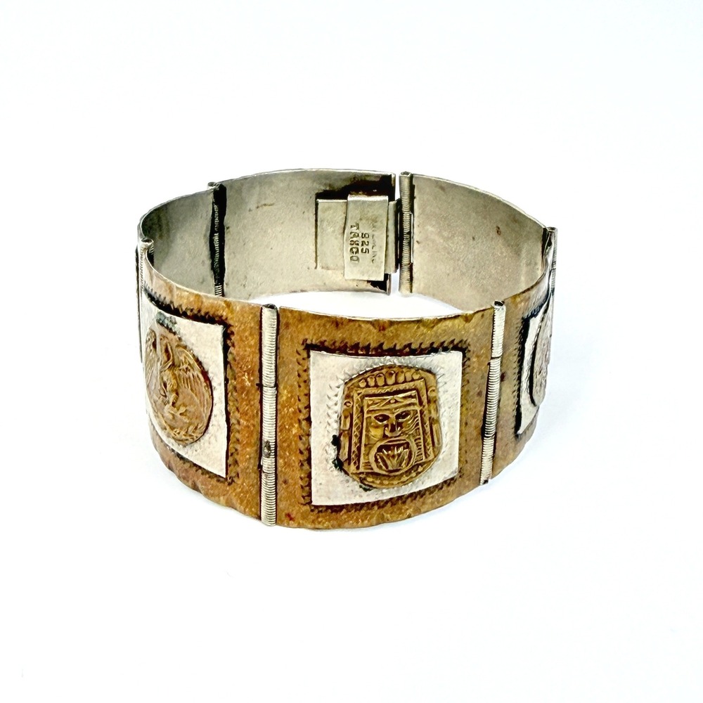 Vintage 60s Taxco Mexico Sterling Silver Aztec Warrior Panel Bracelet Signed 925